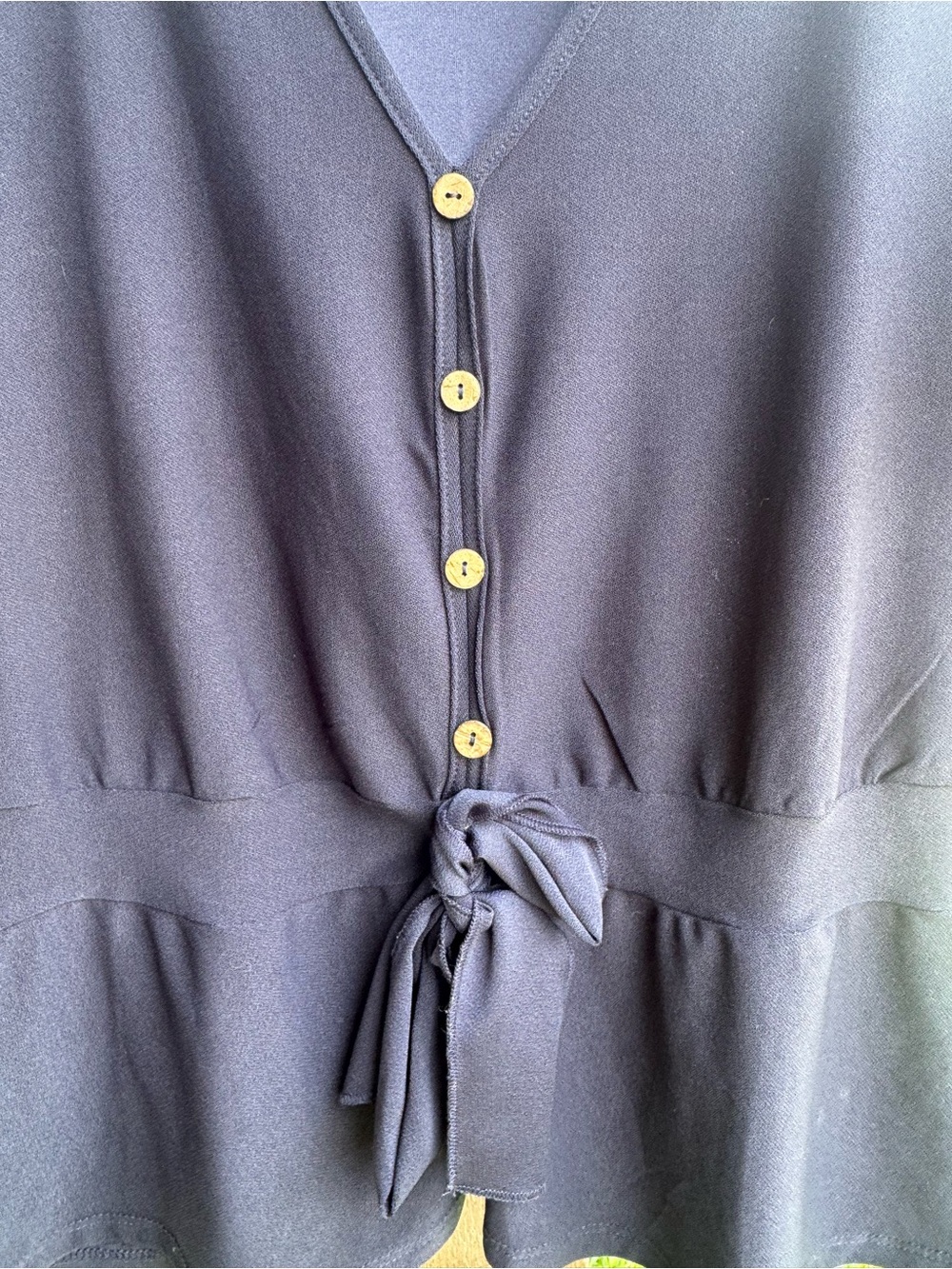 Lavish Navy V-Neck Button Front Tie-Waist Blouse - Picture 2 of 5